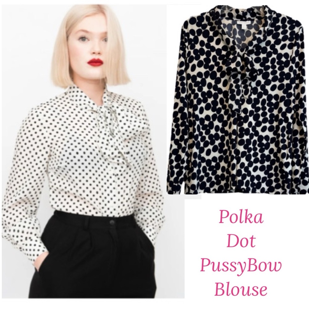 Charter Club PussyBow Polka Dot Silk Blouse Vintage Classic Black White Medium